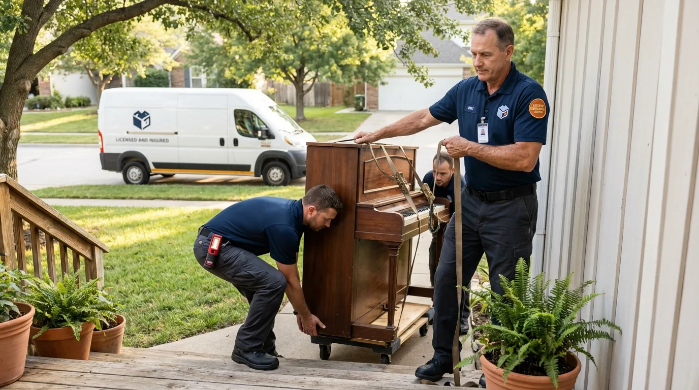 Licensed piano movers securing grand piano in Grand Haven, MI