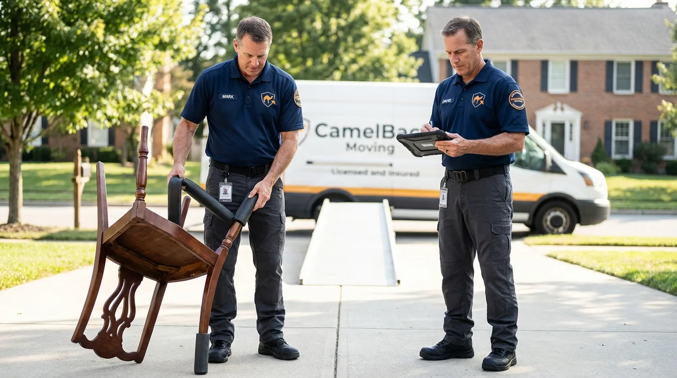 Movers inspecting furniture for damage prevention before loading in Grand Haven, MI