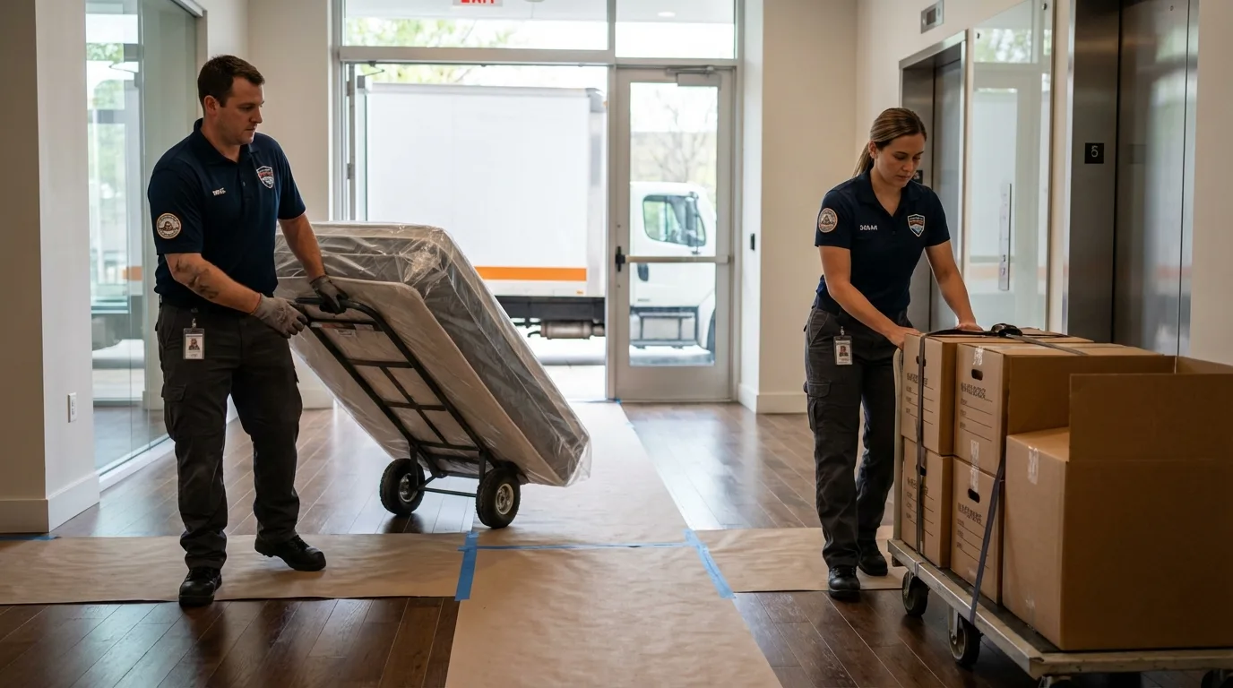 Professional apartment movers loading elevator in Grand Haven, MI